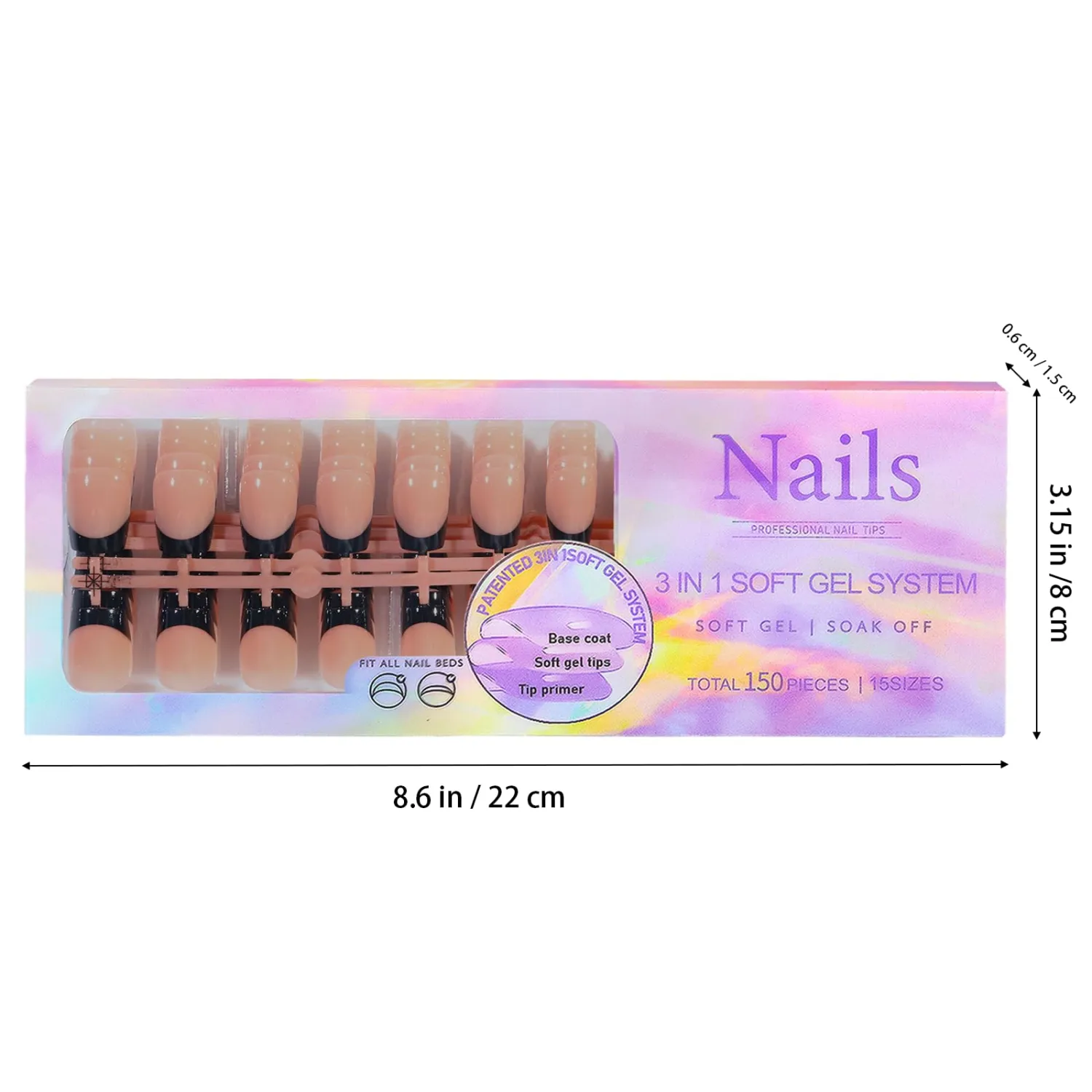 150 Pcs Black French Tip Press on Nails Short Square Fake Nails 3 IN 1 Soft Gel Tip Nails 15 Size Full Cover False Nails X-Coat Nail Tips Kit Short Coffin Acrylic Stick Glue on Nail for Women