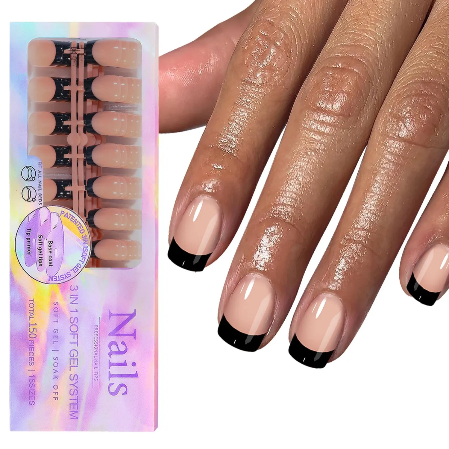 150 Pcs Black French Tip Press on Nails Short Square Fake Nails 3 IN 1 Soft Gel Tip Nails 15 Size Full Cover False Nails X-Coat Nail Tips Kit Short Coffin Acrylic Stick Glue on Nail for Women