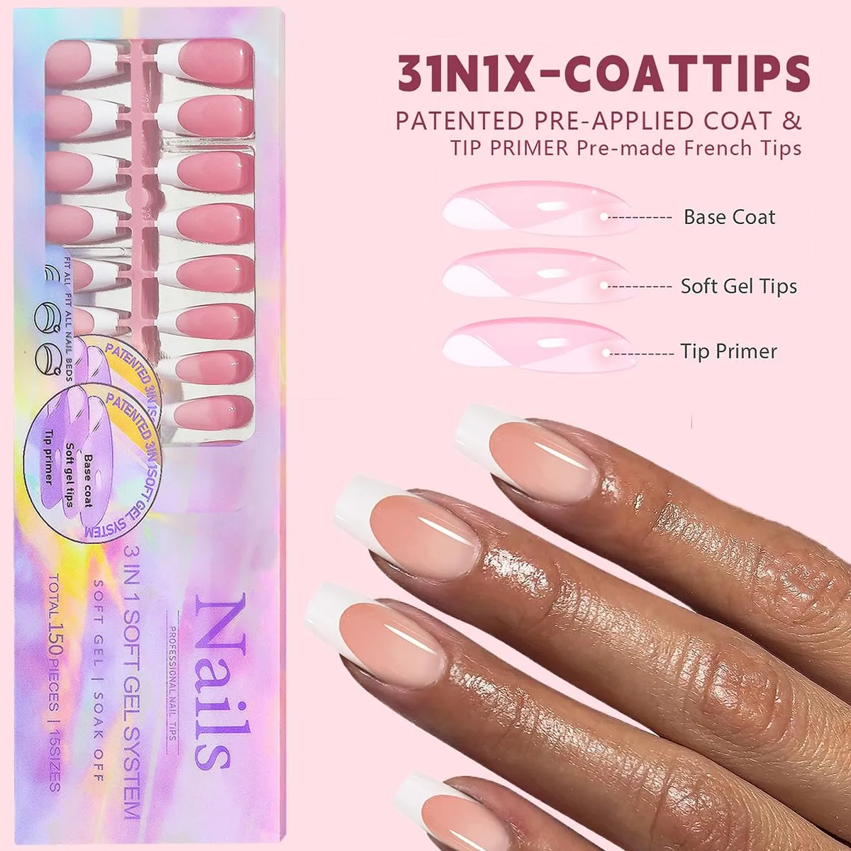 150 Pcs White French Tip Press on Nails Medium Square Fake Nails Full Cover False Nails White Tip Glue on Nails Press Ons Reusable Coffin Acrylic Artificial Stick on Nail for Women Manicure