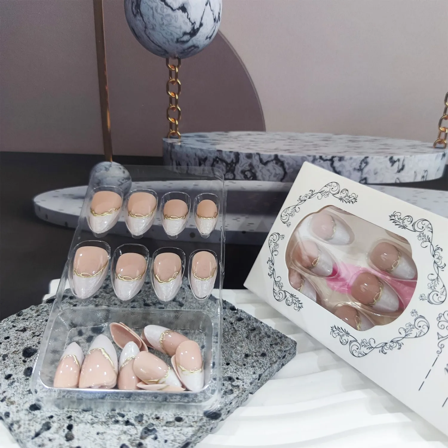 3D Gold Curve Press on Nails 24Pcs Irregular Lines Gel Glue on Fingernails Acrylic Full Cover Fake Nails Glossy Silver French Stick on Nail Sparkly Medium Almond False Nail for Holiday Manicure Art