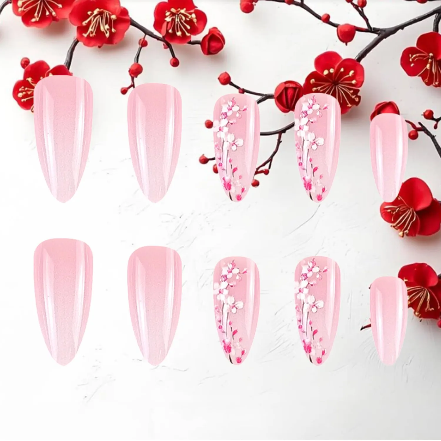 Plum Blossom Press on Nails 24Pcs Flower Acrylic Full Cover Fake Nails Peach Blossoms Gel Glue on Fingernail Glossy Pink Gradient Medium Almond False Nail Summer Stick on Nail for Holiday Manicure Art
