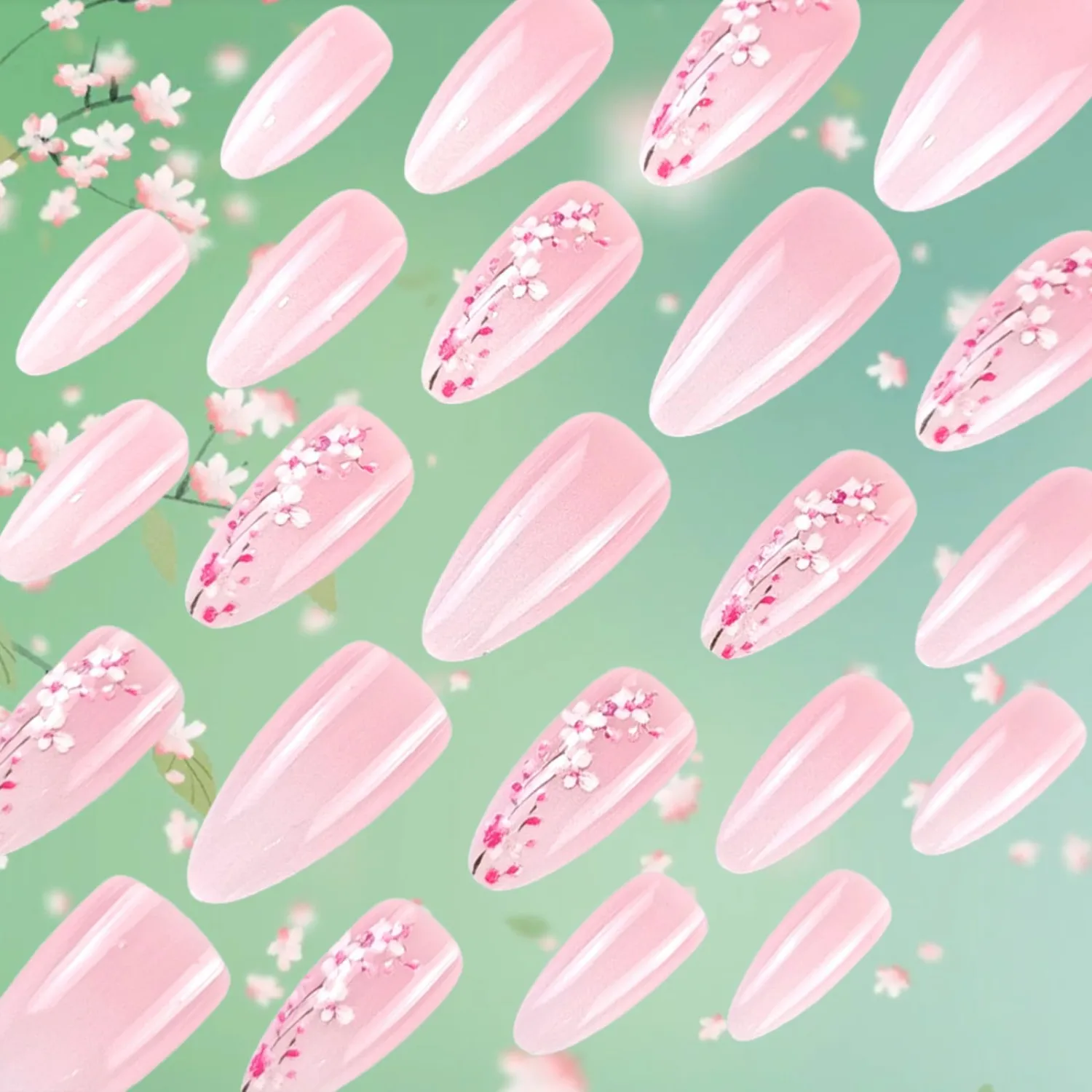 Plum Blossom Press on Nails 24Pcs Flower Acrylic Full Cover Fake Nails Peach Blossoms Gel Glue on Fingernail Glossy Pink Gradient Medium Almond False Nail Summer Stick on Nail for Holiday Manicure Art
