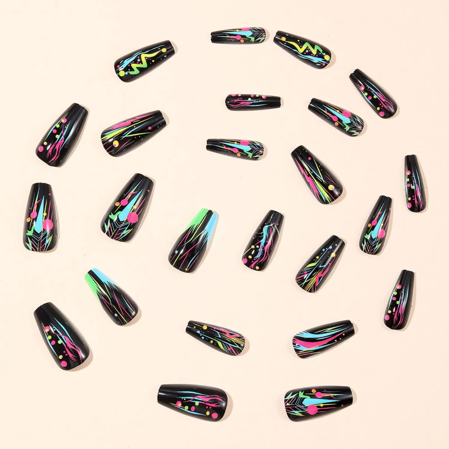 Neon Press on Nails Esports Acrylic Full Cover Fake Nails 24Pcs Glossy Colorful Medium Coffin False Nail Curve Line Gel Glue on Fingernails Graffiti Stick on Nail for Holiday Manicure Art