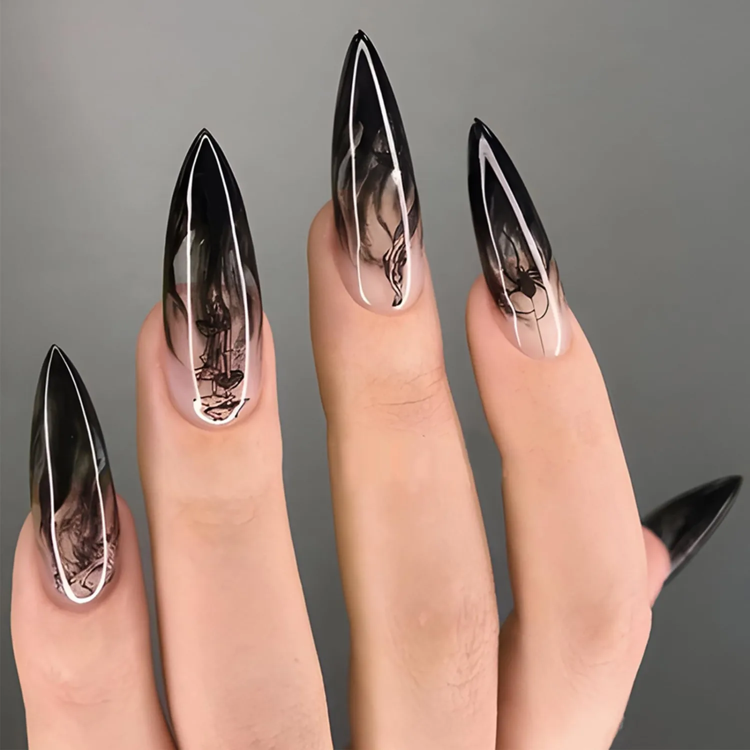 Mermaids Press on Nails Long Stiletto 24Pcs Glossy Black Gradient Acrylic False Nails French Tips Fake Nails Gel Glue on Nails for Manicure Black Ombre Stick on Nails for Coquette Women Girls