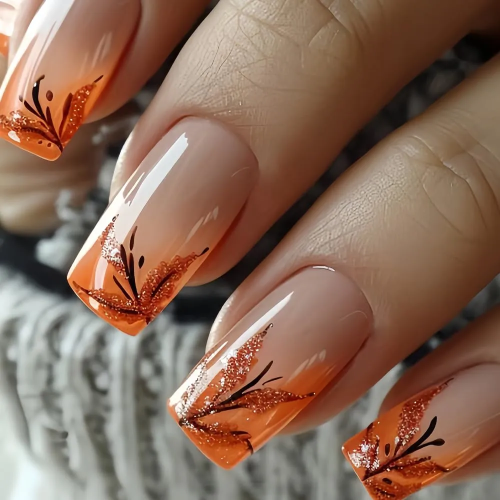 Fall Press on Nails Red Brown French Tip Fake Nails Medium Square False Nails for Women Gradient Nude Pink Autumn Stick on Nail Maple Leaves Full Cover Glue on Nail Manicure Kit 24Pcs