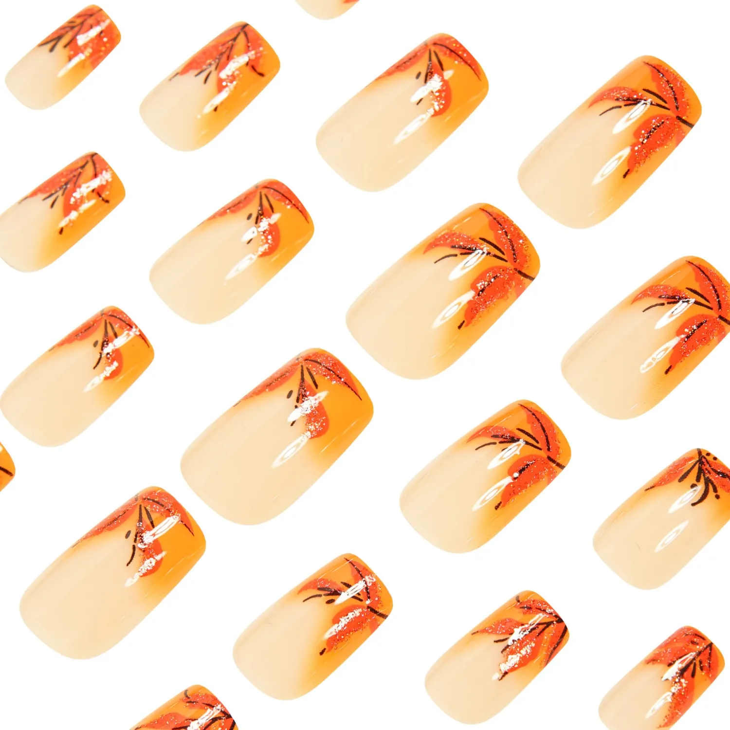 Fall Press on Nails Red Brown French Tip Fake Nails Medium Square False Nails for Women Gradient Nude Pink Autumn Stick on Nail Maple Leaves Full Cover Glue on Nail Manicure Kit 24Pcs