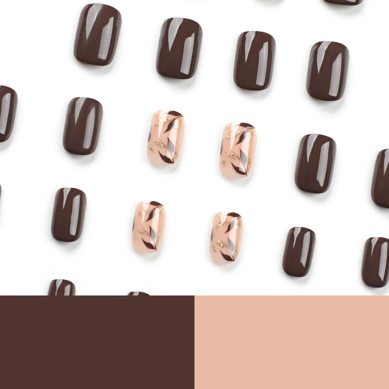 Brown Press on Nail Gold Leaf Designs Fake Nail Fall Acrylic Nails Extra Short False Nails Full Cover Stick on Nail Square Acrylic Nails Autumn Glue on Nails Reusable Nail for Women 24Pcs