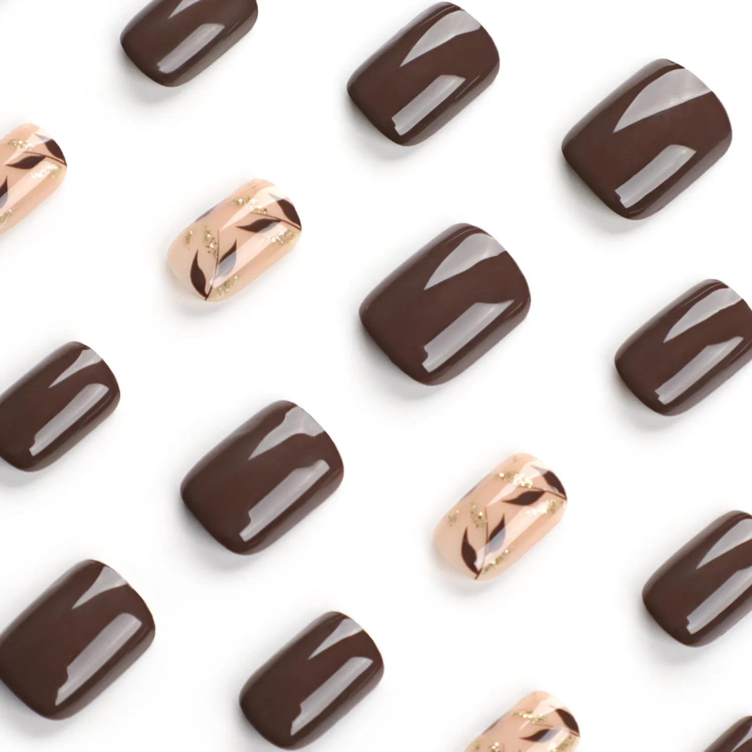 Brown Press on Nail Gold Leaf Designs Fake Nail Fall Acrylic Nails Extra Short False Nails Full Cover Stick on Nail Square Acrylic Nails Autumn Glue on Nails Reusable Nail for Women 24Pcs