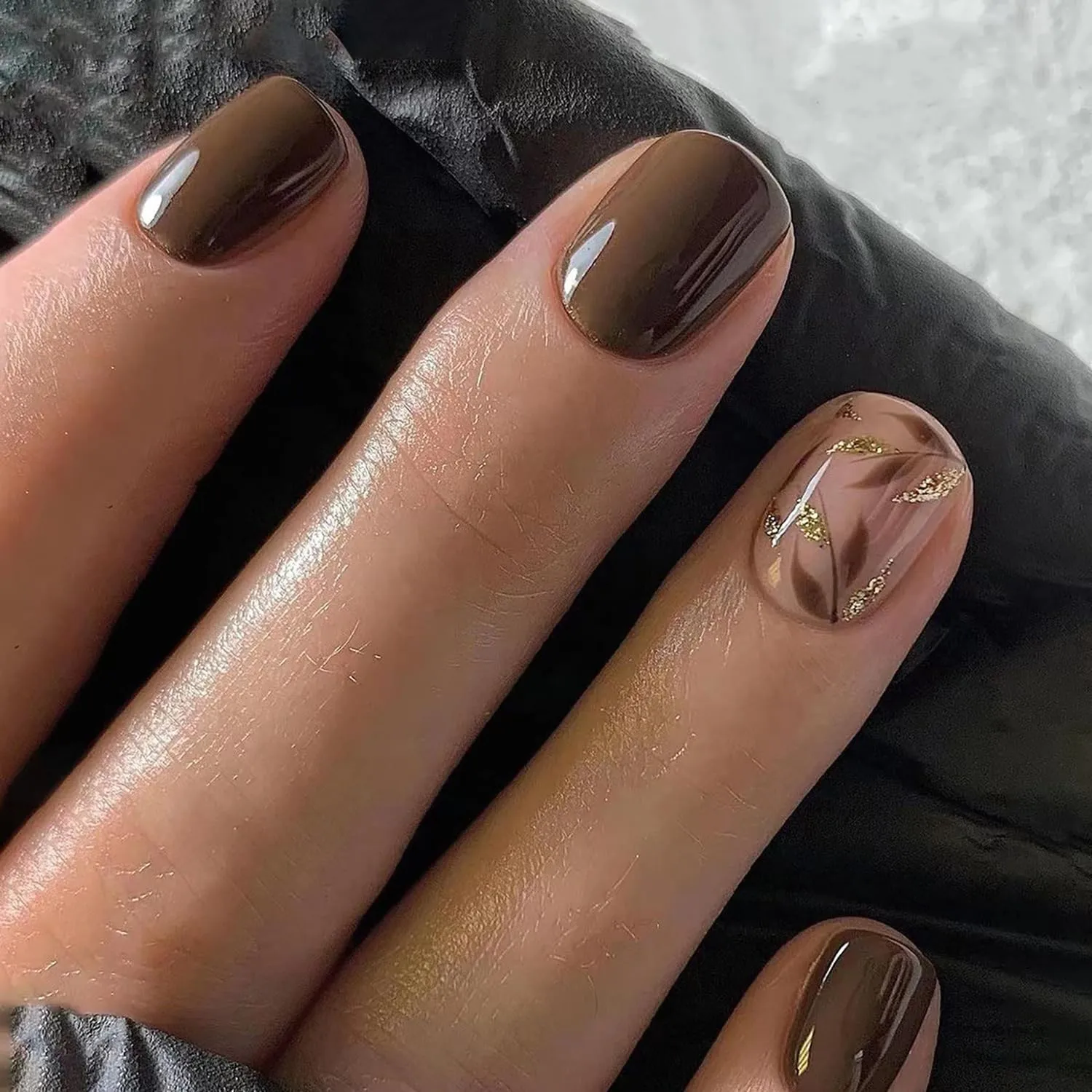Brown Press on Nail Gold Leaf Designs Fake Nail Fall Acrylic Nails Extra Short False Nails Full Cover Stick on Nail Square Acrylic Nails Autumn Glue on Nails Reusable Nail for Women 24Pcs