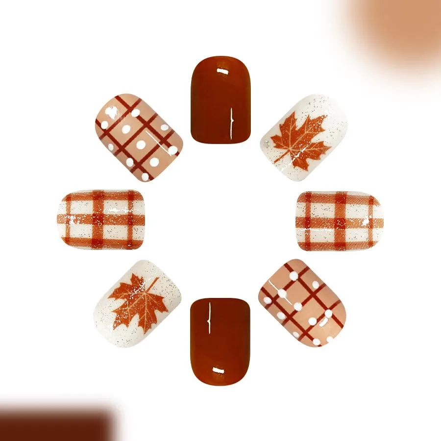 Fall Polka Dot Press on Nails Short Square - Brown Fake Nails with Plaid & Maple Leaf Designs Autumn Glue on Nails Glossy Reusable Acrylic Nails Press ons for Women 24Pcs