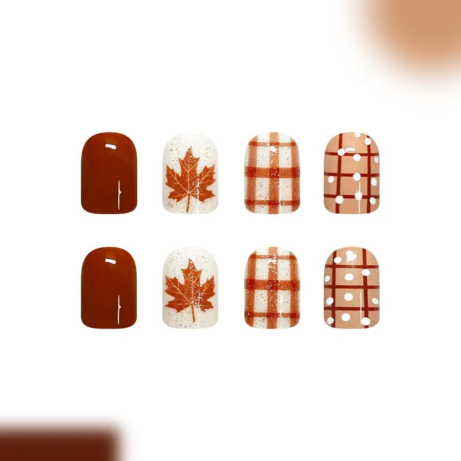 Fall Polka Dot Press on Nails Short Square - Brown Fake Nails with Plaid & Maple Leaf Designs Autumn Glue on Nails Glossy Reusable Acrylic Nails Press ons for Women 24Pcs