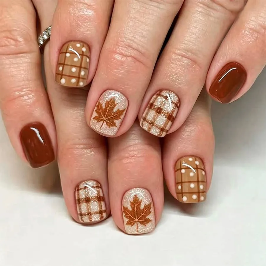 Fall Polka Dot Press on Nails Short Square - Brown Fake Nails with Plaid & Maple Leaf Designs Autumn Glue on Nails Glossy Reusable Acrylic Nails Press ons for Women 24Pcs