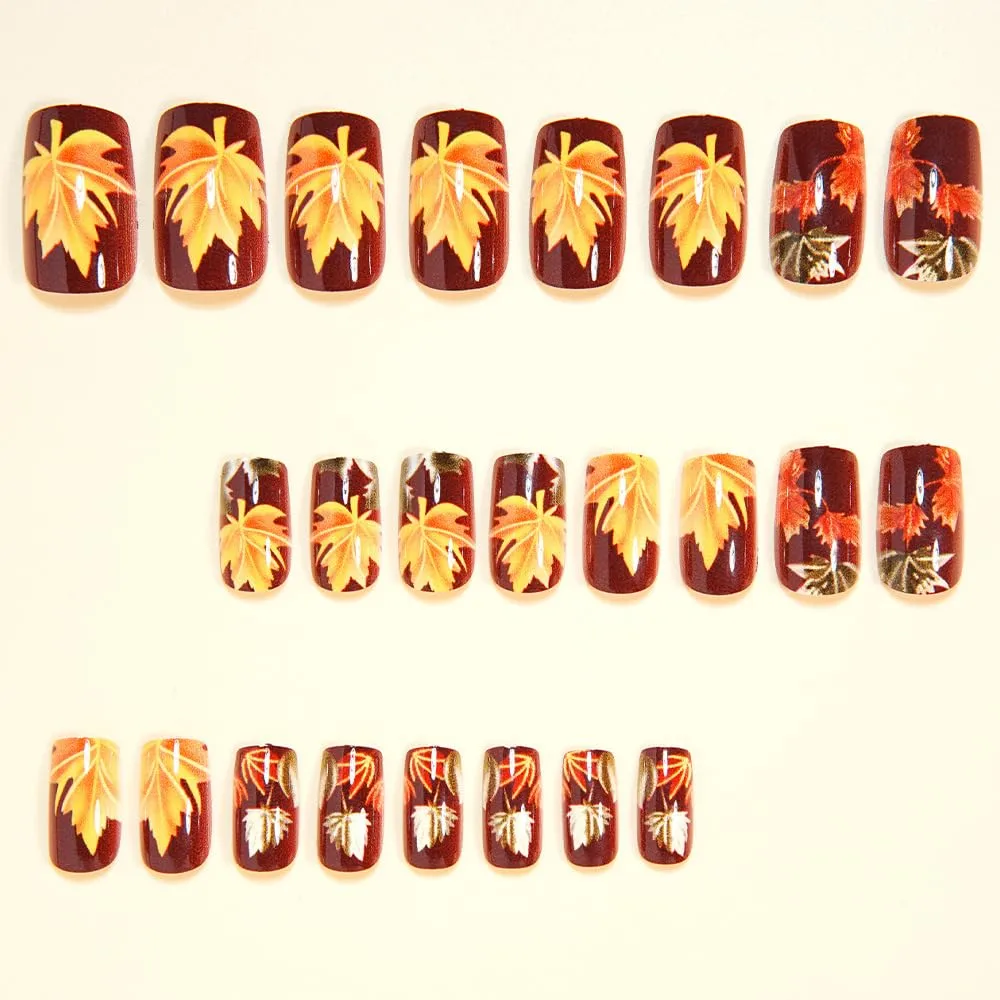 Fall Wine Press on Nails Short Maple Leaf Fake Nails Winter Square Acrylic Nails Press ons Autumn Full Cover Glue on Nails Artificial Reusable Gradient Stick on Nails for Women Nail Art Kit 24Pcs