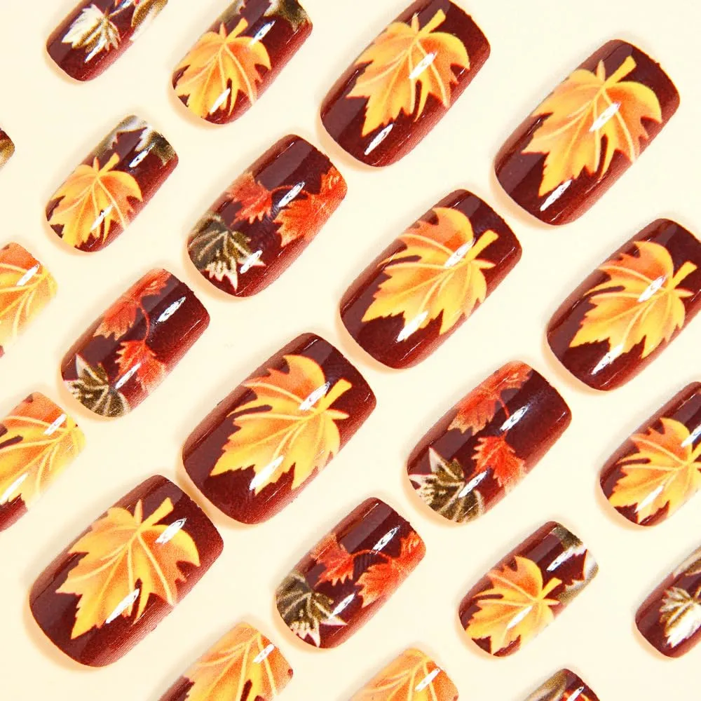Fall Wine Press on Nails Short Maple Leaf Fake Nails Winter Square Acrylic Nails Press ons Autumn Full Cover Glue on Nails Artificial Reusable Gradient Stick on Nails for Women Nail Art Kit 24Pcs
