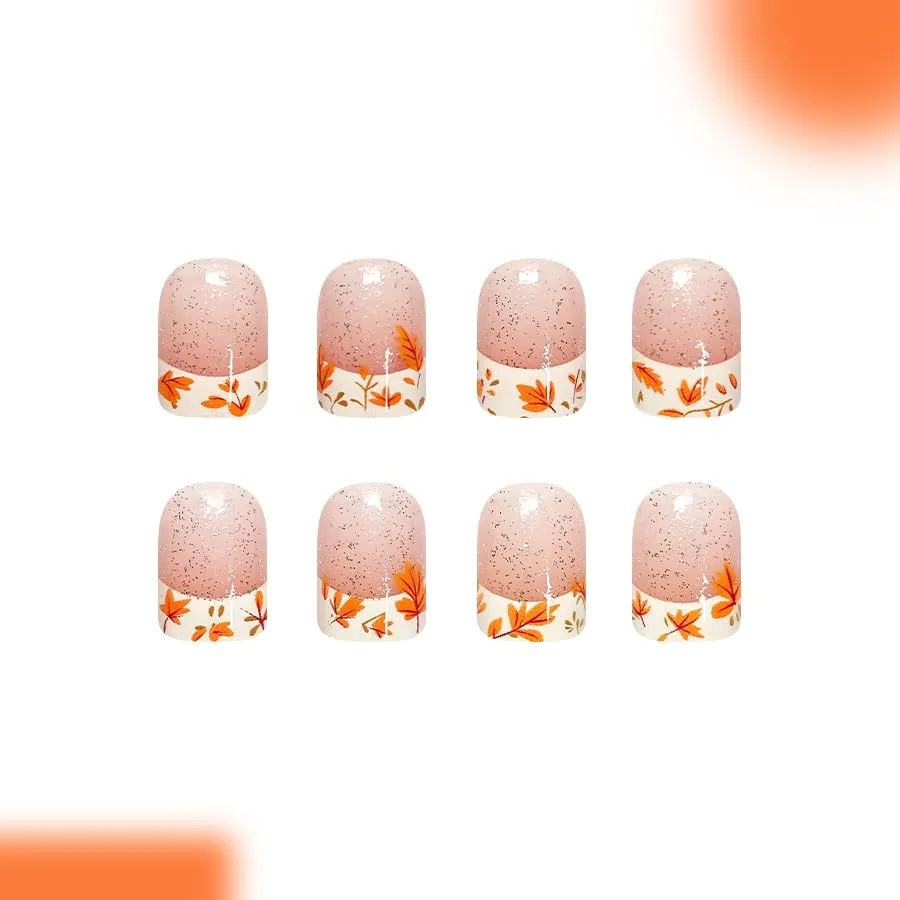 24Pcs Fall Press on Nails Short Square Fake Nails White French Maple Leaf Tip Nails Press ons, Autumn Glue on Nails Glossy Full Cover Reusable False Nails for Women Manicure Kit