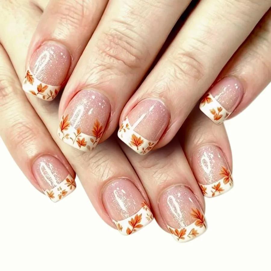 24Pcs Fall Press on Nails Short Square Fake Nails White French Maple Leaf Tip Nails Press ons, Autumn Glue on Nails Glossy Full Cover Reusable False Nails for Women Manicure Kit