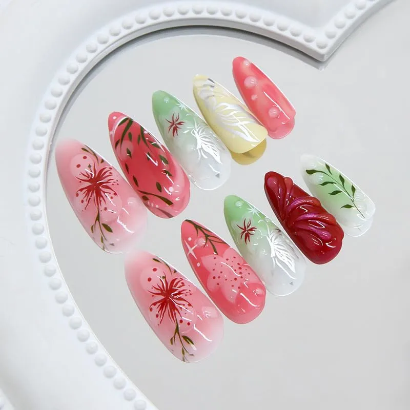 Almond Press on Nails Colorful Medium Fake Nail with 3D Flower Design Cute Summer Stick on Nails Reusable Glue on Nail Artificial Acrylic False Nails for Women 24Pcs