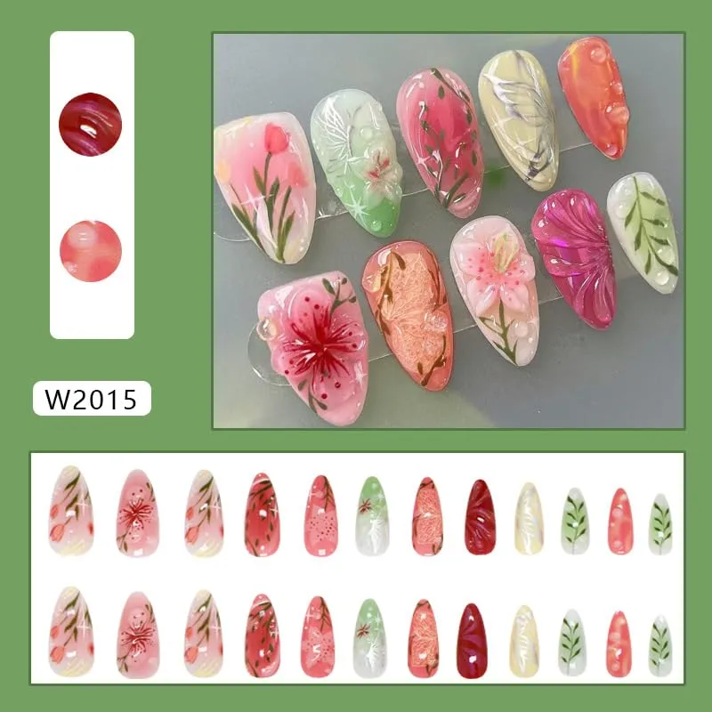 Almond Press on Nails Colorful Medium Fake Nail with 3D Flower Design Cute Summer Stick on Nails Reusable Glue on Nail Artificial Acrylic False Nails for Women 24Pcs