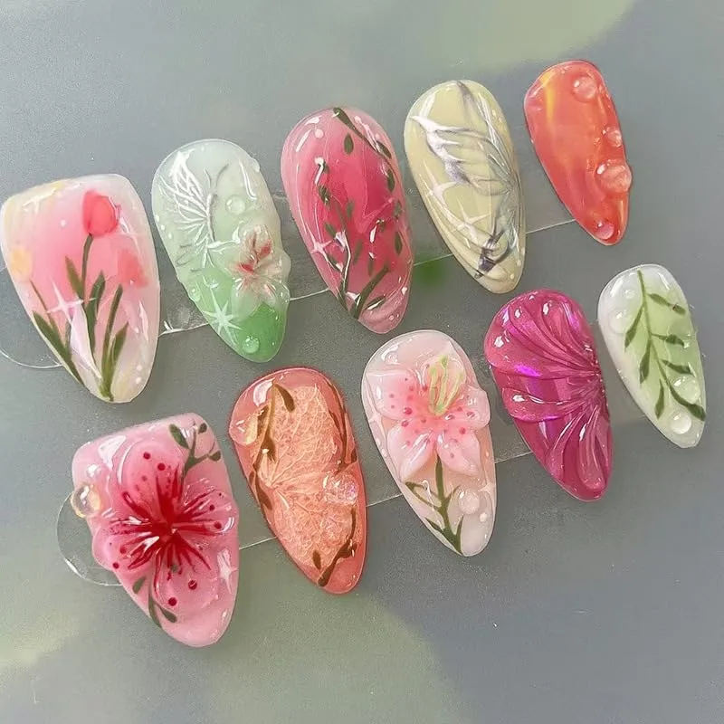 Almond Press on Nails Colorful Medium Fake Nail with 3D Flower Design Cute Summer Stick on Nails Reusable Glue on Nail Artificial Acrylic False Nails for Women 24Pcs