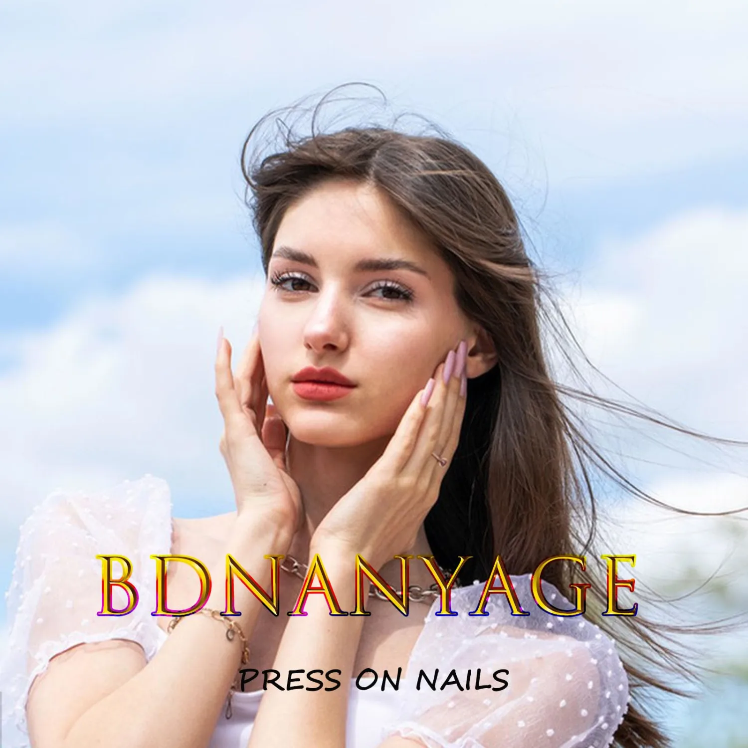 White French Press on Nails Short Square Fake Nails with Rhinestones Flower Patterns Designs Glossy Full Cover Acrylic Reusable Stick on Nail for Women 24 Pcs