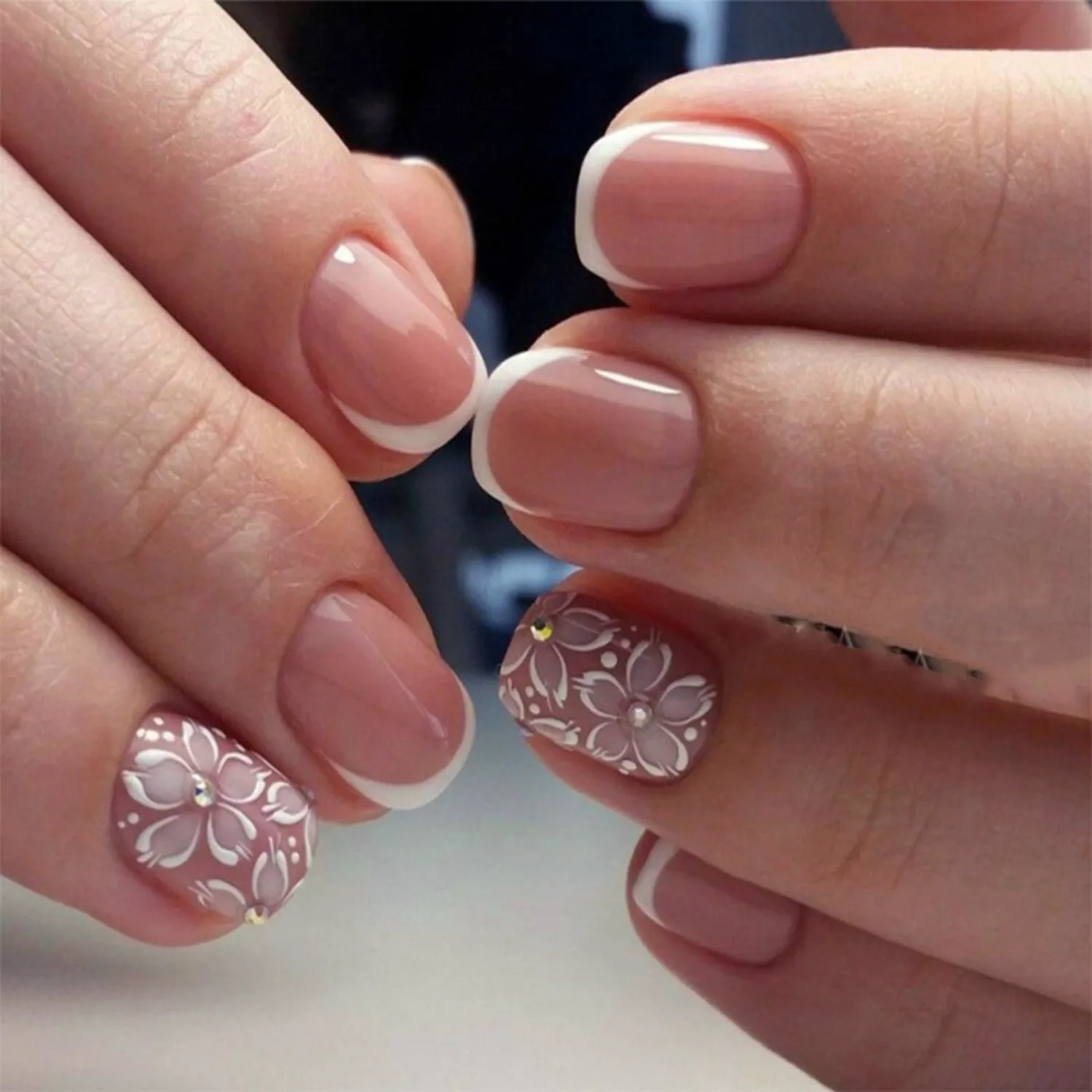 White French Press on Nails Short Square Fake Nails with Rhinestones Flower Patterns Designs Glossy Full Cover Acrylic Reusable Stick on Nail for Women 24 Pcs