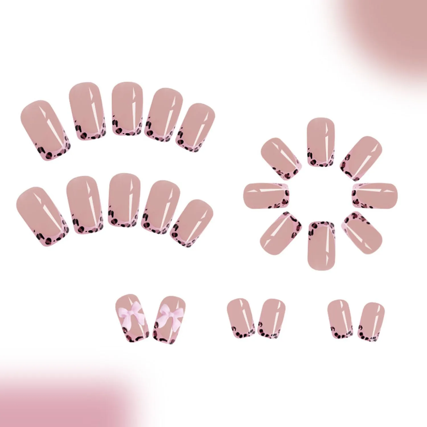 Pink French Tip Press on Nails Short Square Leopard Fake Nails with Bow Charms Design Cheetah Glossy Glue on Nails Spring Nails Press ons Reusable Summer False Nails for Women 24 Pcs