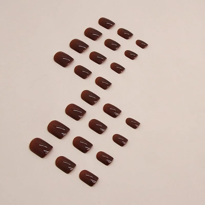 24Pcs Brown Press on Nails Medium Short Square Fake Nails Cute Reddish Brown Solid Color Autumn and Winter Glue on Nails Acrylic for Women Manicure Decoration