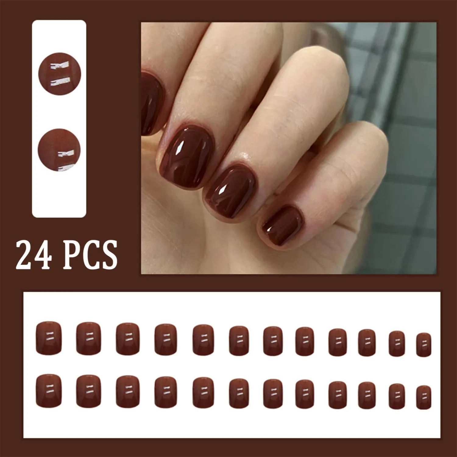 24Pcs Brown Press on Nails Medium Short Square Fake Nails Cute Reddish Brown Solid Color Autumn and Winter Glue on Nails Acrylic for Women Manicure Decoration