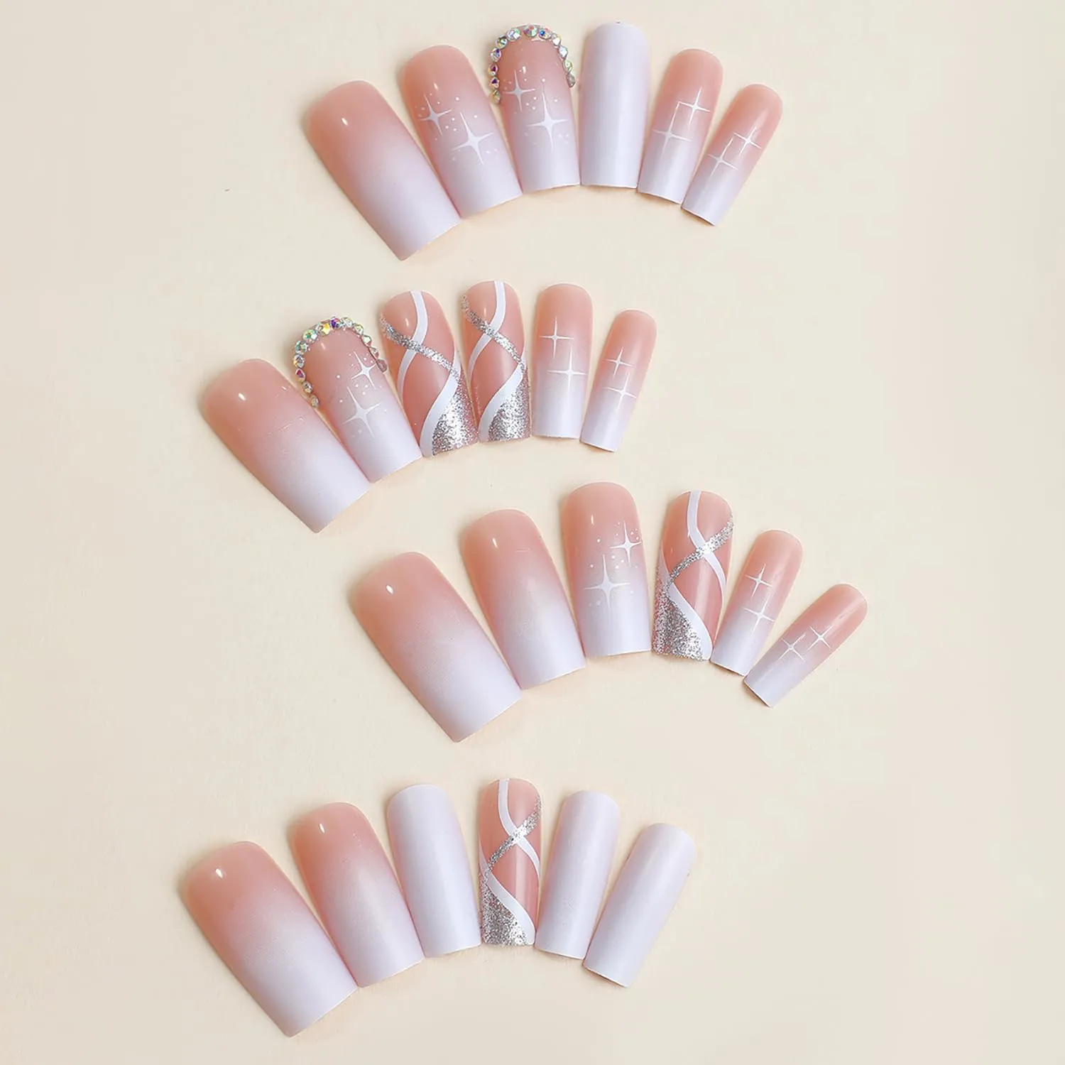 French Press on Nails Long Ballet Shaped Rhinestones False Nails Artificial Acrylic Nails Silver Glitter Powder Design Fake Nails Full Cover Reusable Coffin Nails Glue on Nails for Women Supplies