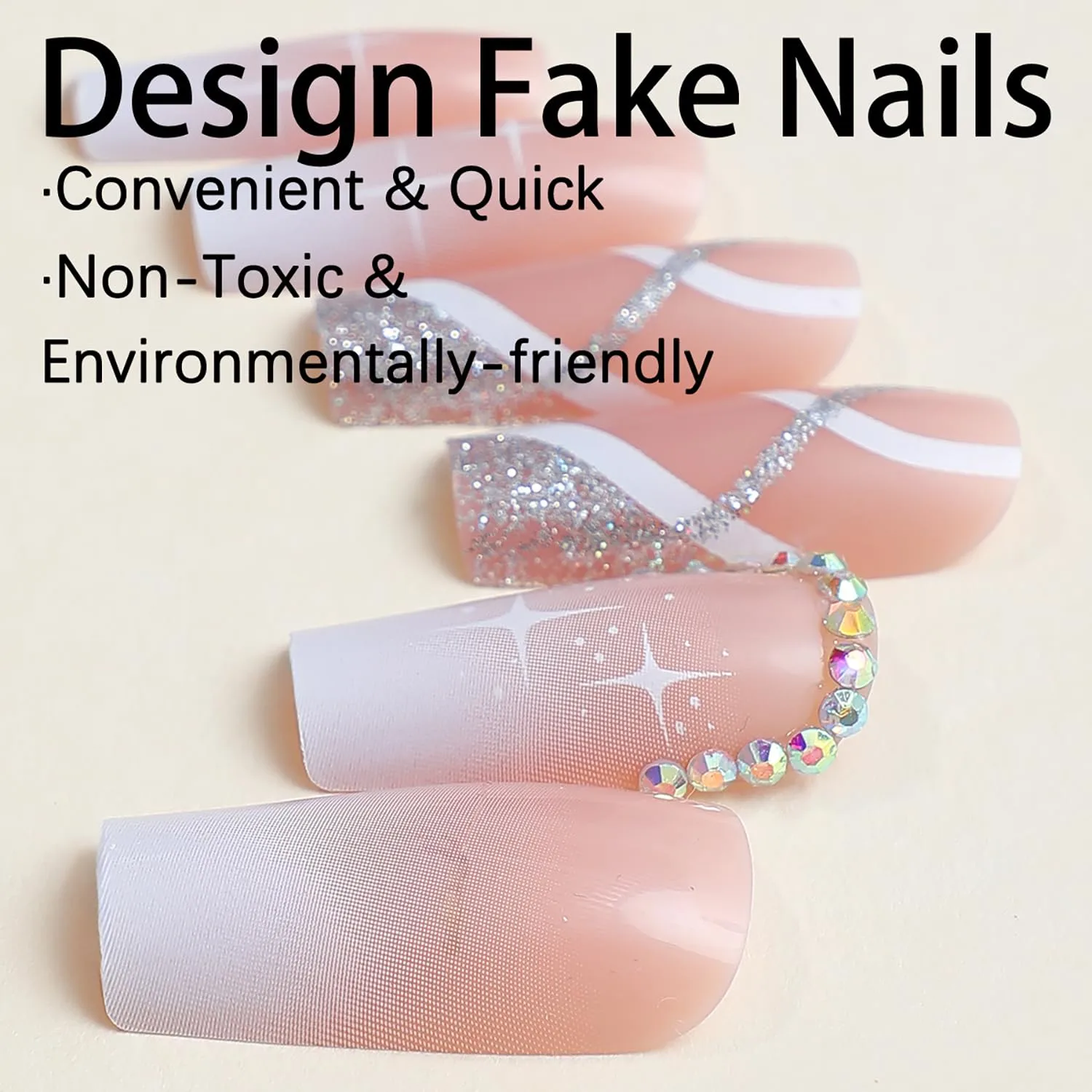 French Press on Nails Long Ballet Shaped Rhinestones False Nails Artificial Acrylic Nails Silver Glitter Powder Design Fake Nails Full Cover Reusable Coffin Nails Glue on Nails for Women Supplies
