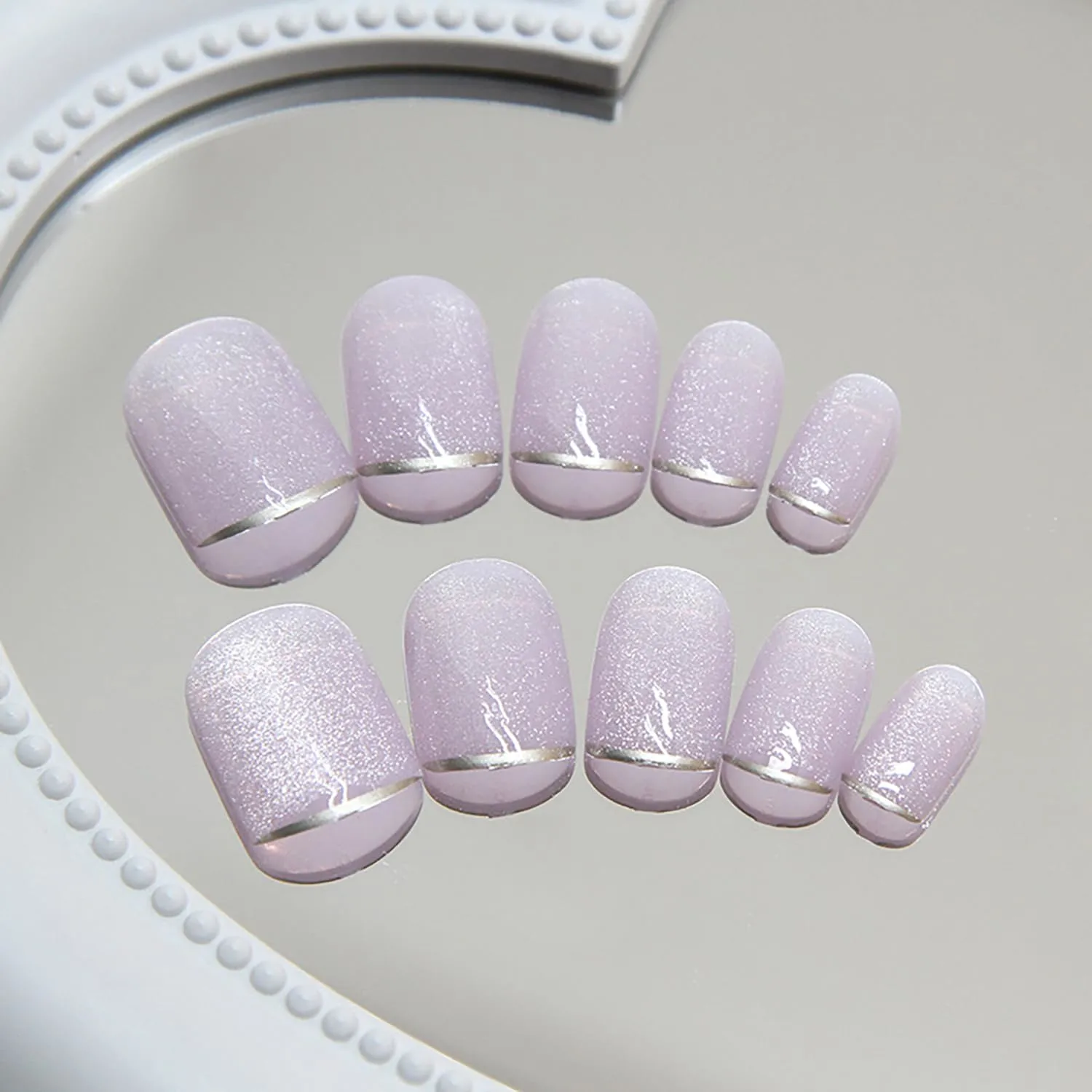 Silver Cat Eye False Nails - French Press on Nails with Square, Short, Pink & Purple Pieces - Artificial, Acrylic, Full Cover, Glossy, Reusable, Coffin Shape Glue on Nails for Women's Supplies