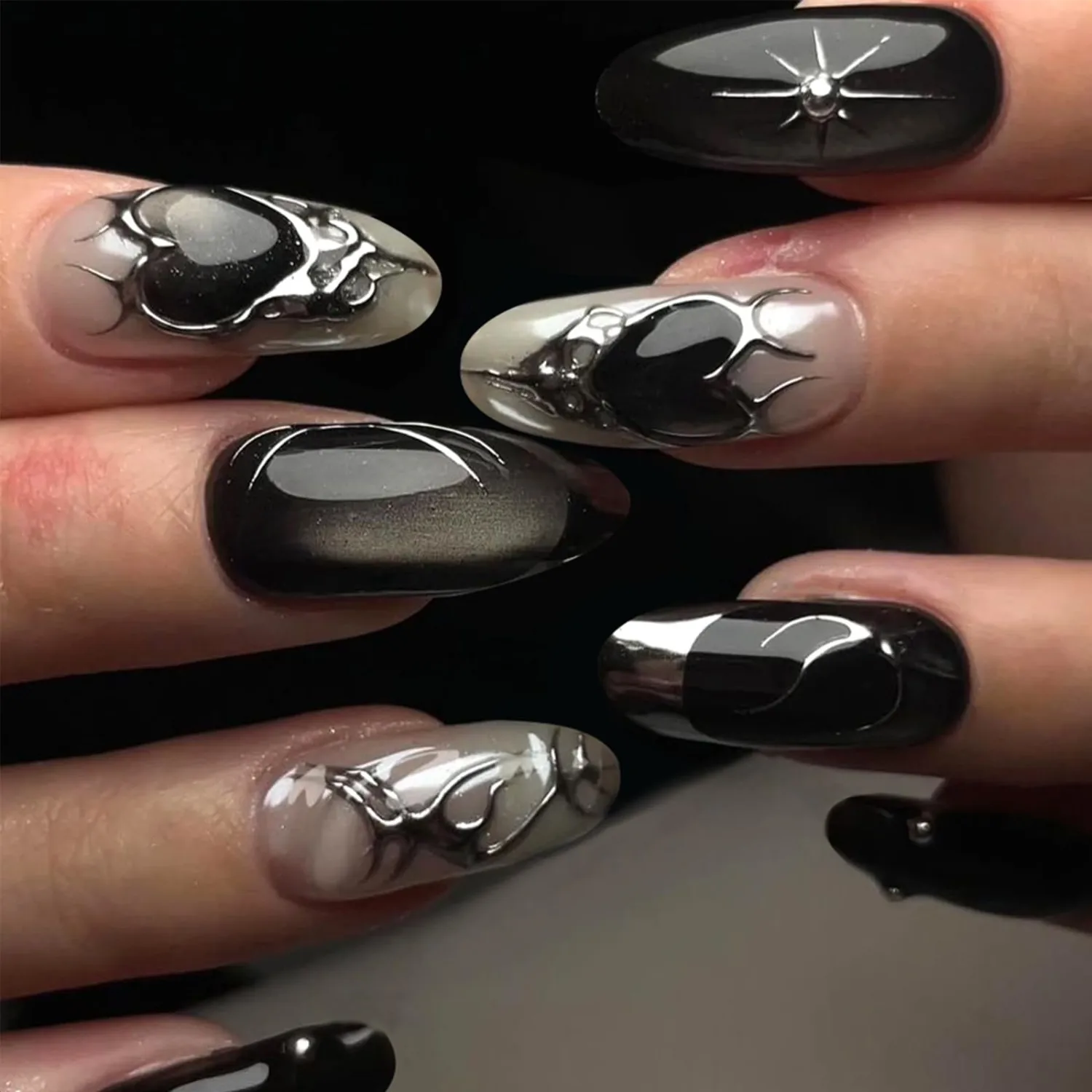 Y2K Press On Nails Medium Almond Gothic Black Style Silver Sparkling Star