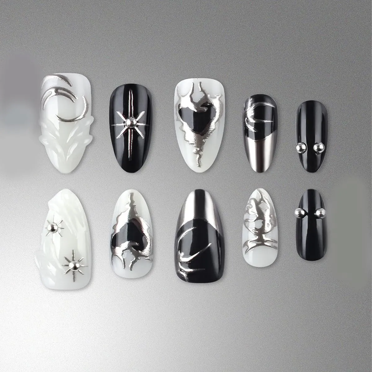 Y2K Press On Nails Medium Almond Gothic Black Style Silver Sparkling Star