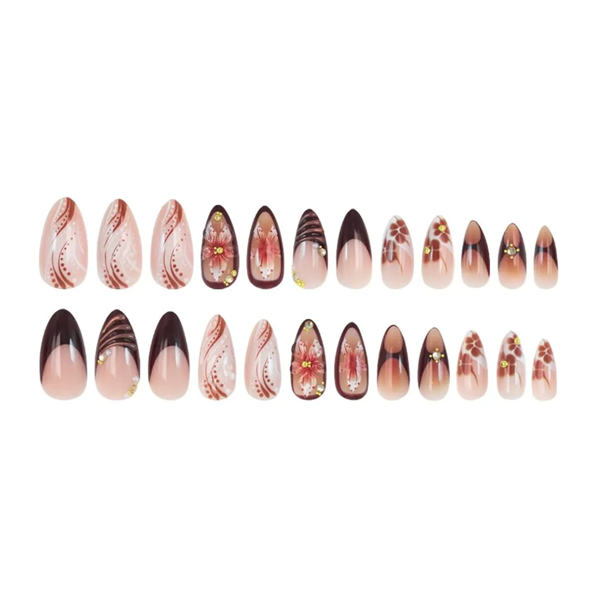 Press On Nails Medium Almond 5D Flower Water Ripple Rhinestones