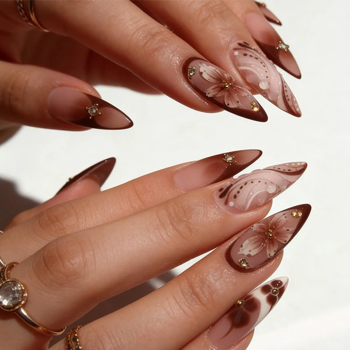 Press On Nails Medium Almond 5D Flower Water Ripple Rhinestones