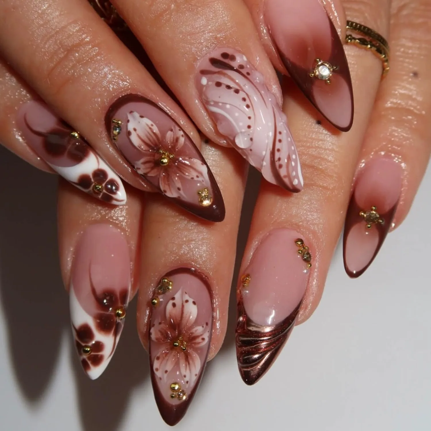 Press On Nails Medium Almond 5D Flower Water Ripple Rhinestones