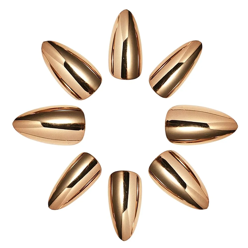 Chrome Press on Nails Medium Almond Bronze Metallic Brown