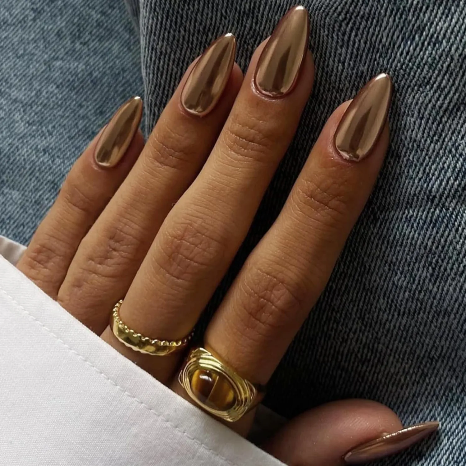 Chrome Press on Nails Medium Almond Bronze Metallic Brown