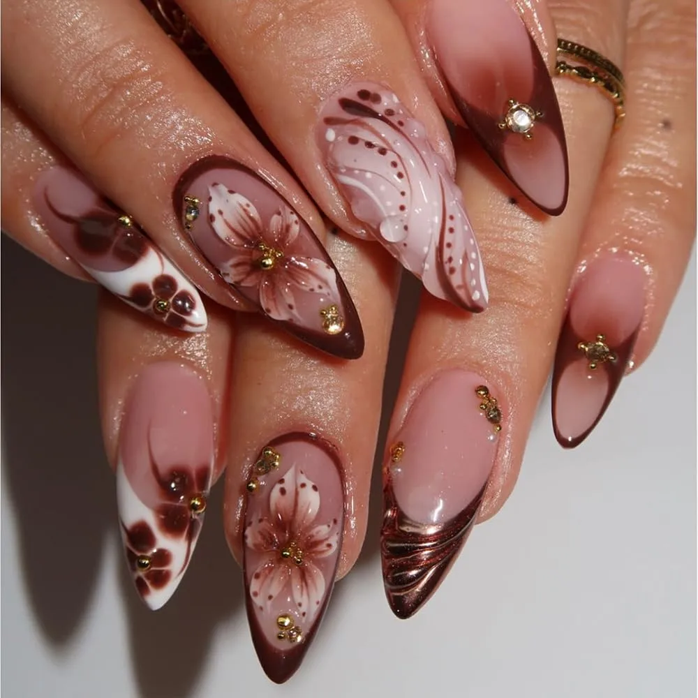 Fall Press On Nails Medium Almond Brown 5D Flower Water Ripple Rhinestones