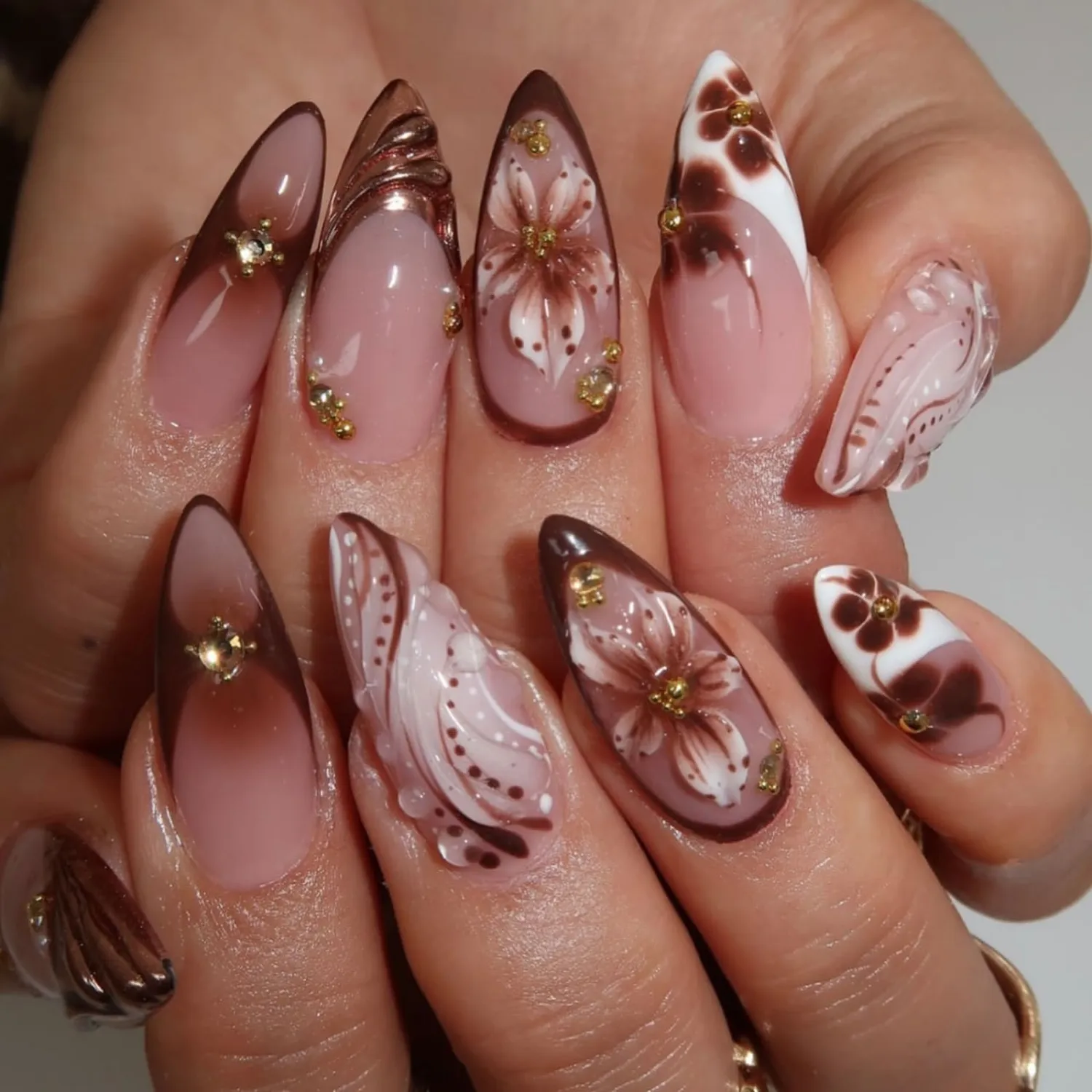 Fall Press On Nails Medium Almond Brown 5D Flower Water Ripple Rhinestones