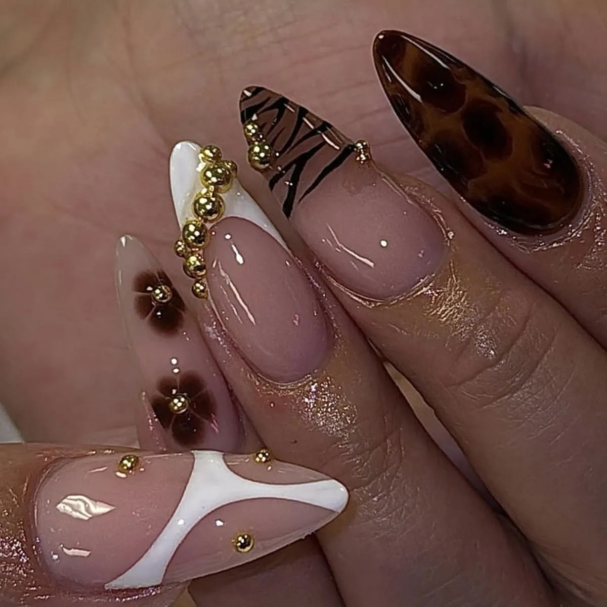 Tortoise shell Press on Nails Medium Almond Rhinestone Flower Brown Leopard