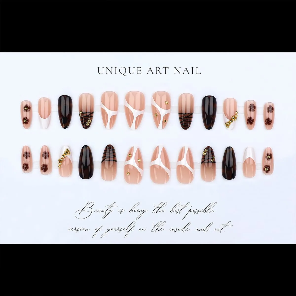 Tortoise shell Press on Nails Medium Almond Rhinestone Flower Brown Leopard