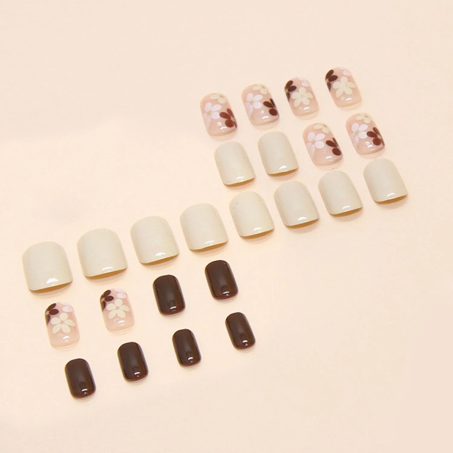 Square Press On Nails Short Fake Nails White Brown 24Pcs Glossy Glue On Nails Spring False Nails With Flower Designs