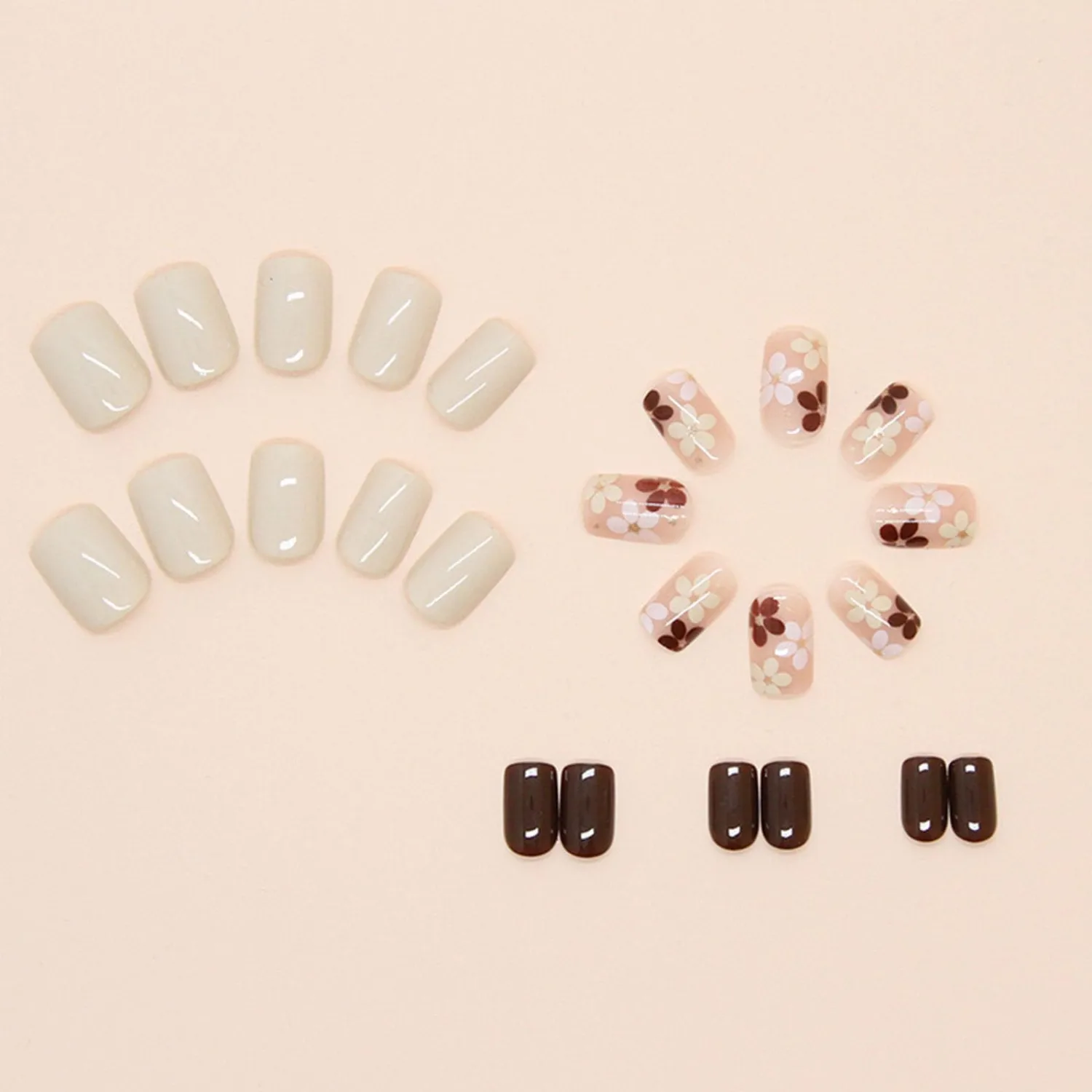 Square Press On Nails Short Fake Nails White Brown 24Pcs Glossy Glue On Nails Spring False Nails With Flower Designs