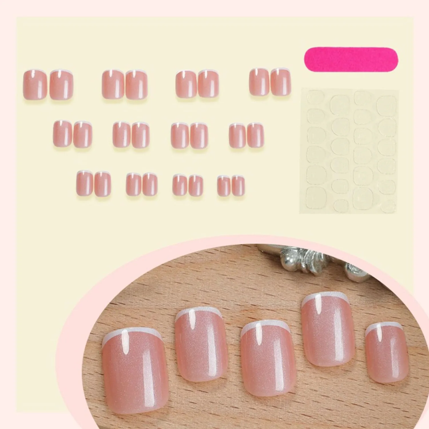 French Tip Press on Nails Short Square Fake Nails with Glossy Designs White Nails Press ons Nude Glue on Nails Simple Acrylic Nails Cute Stick on Nails for Women 24Pcs