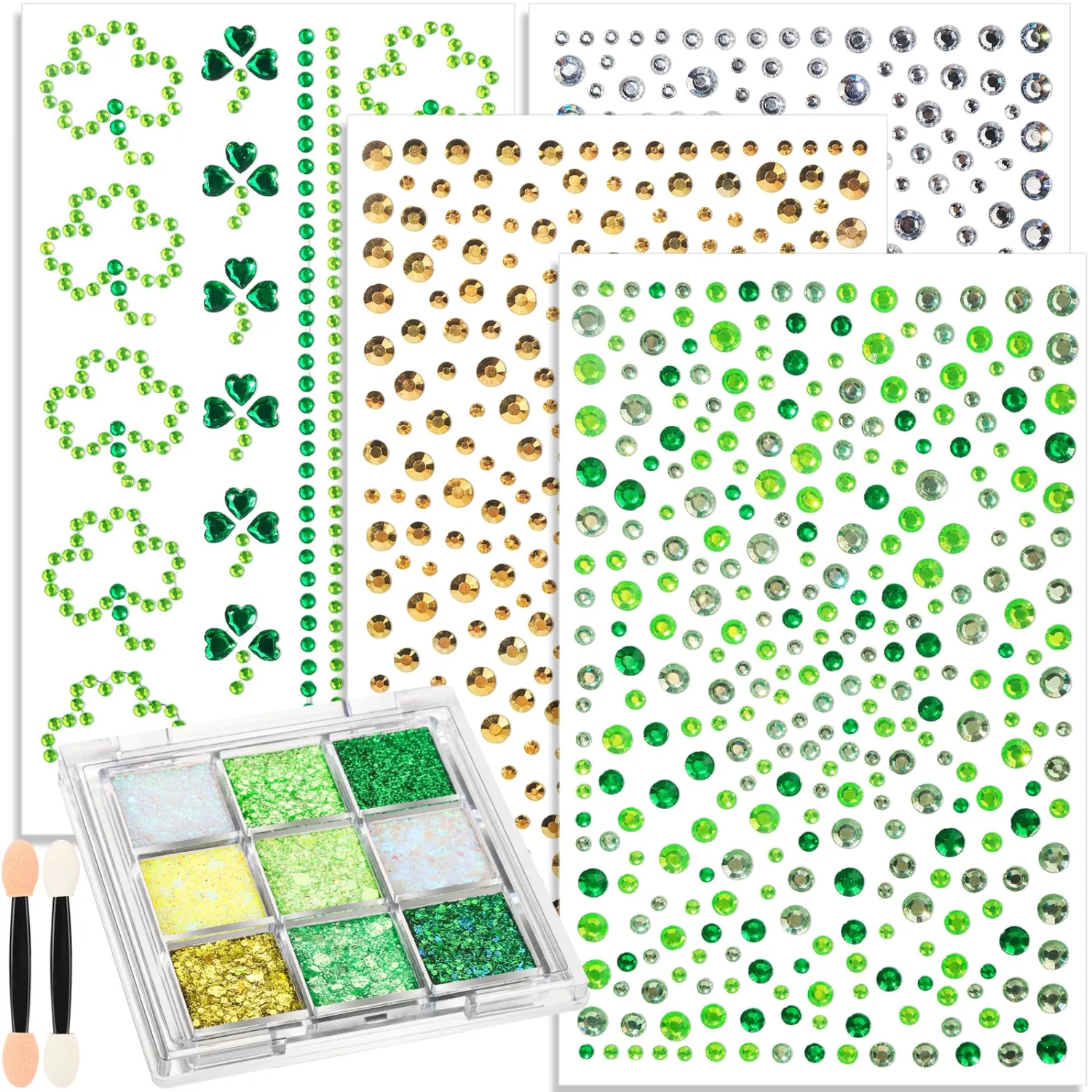 YGDZ Green Face Glitter, Gold Body Glitter Gel, Green Face Gems for Women, Gold Face Stickers, Festival Makeup, Saint Patrick's Day Outfits for Women, Rave Accessories
