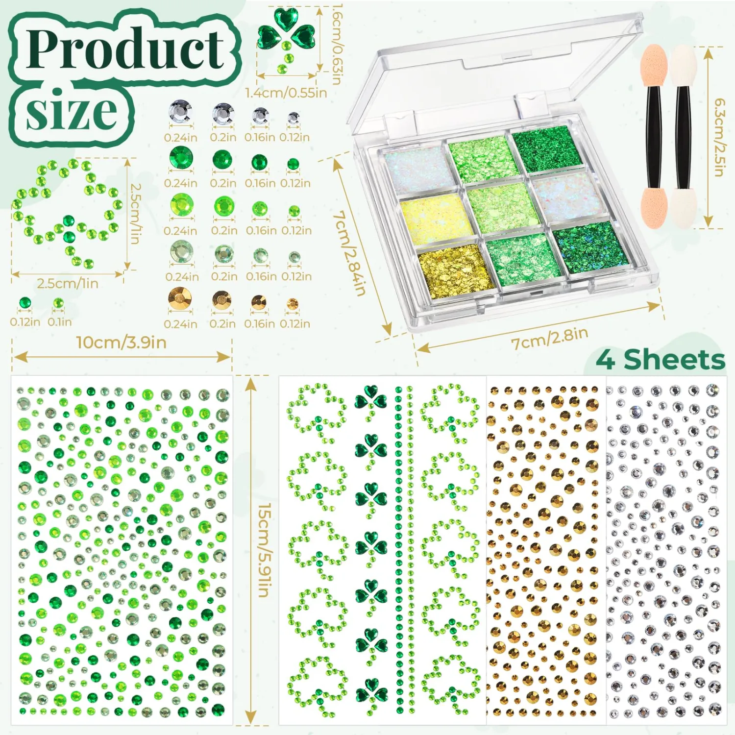 YGDZ Green Face Glitter, Gold Body Glitter Gel, Green Face Gems for Women, Gold Face Stickers, Festival Makeup, Saint Patrick's Day Outfits for Women, Rave Accessories