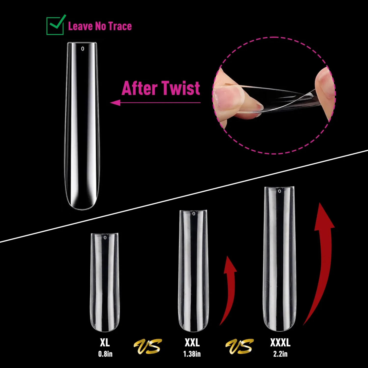 BlueZOO 3XL Long Clear Nail Tips Tapered Square Stiletto 2 Shapes 480Pc Kit