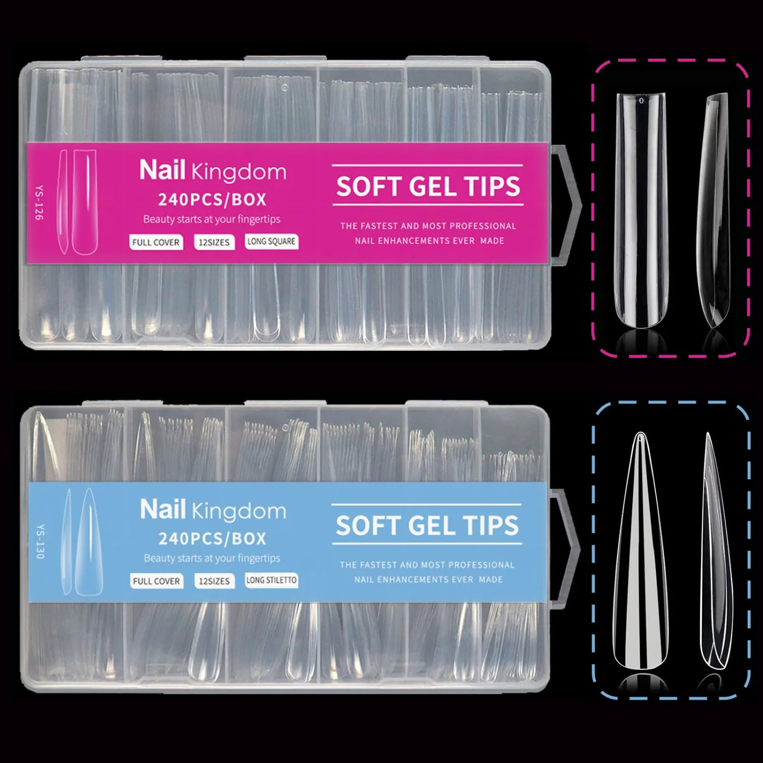 BlueZOO 3XL Long Clear Nail Tips Tapered Square Stiletto 2 Shapes 480Pc Kit