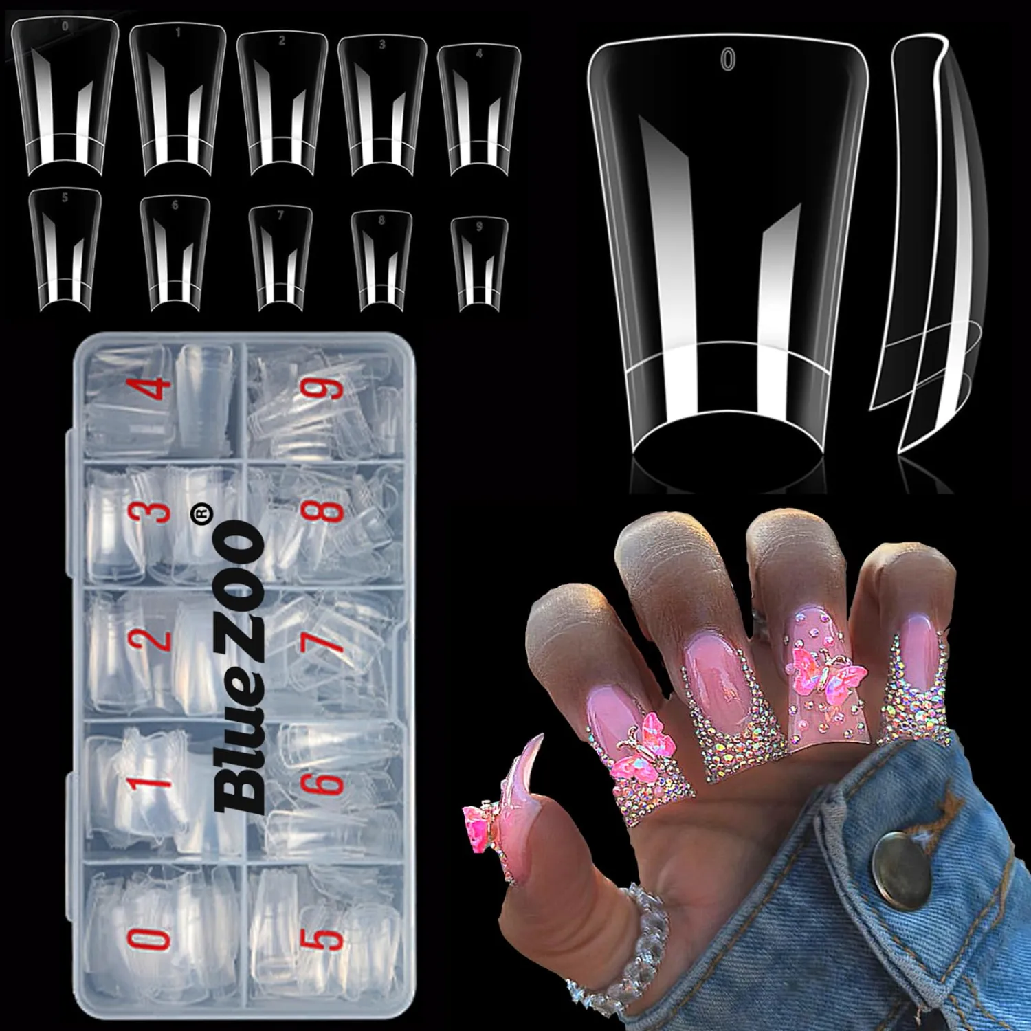 BlueZOO Half Cover Duck Nail Tips 500Pcs Acrylic Wide French Nails 10 Sizes